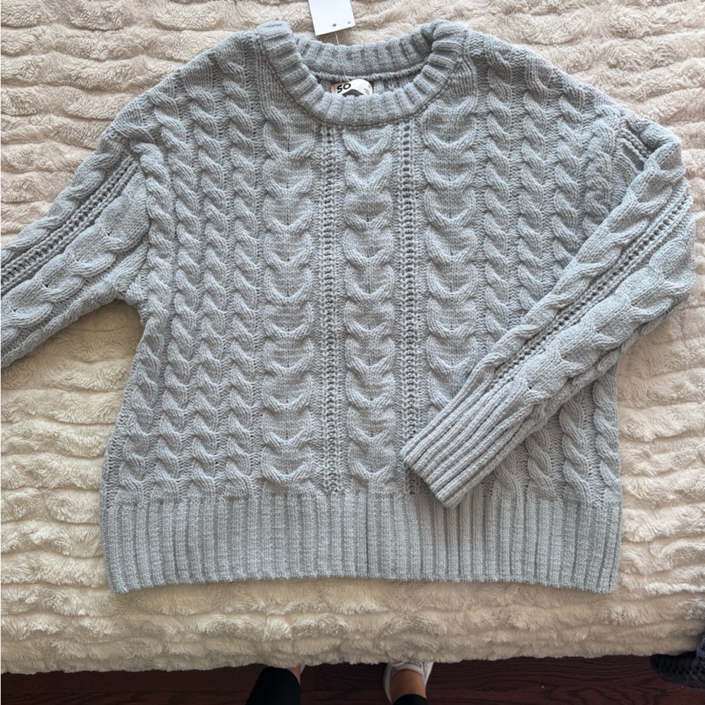 SO Light Gray Blue Cable Knit Crew Neck Sweater